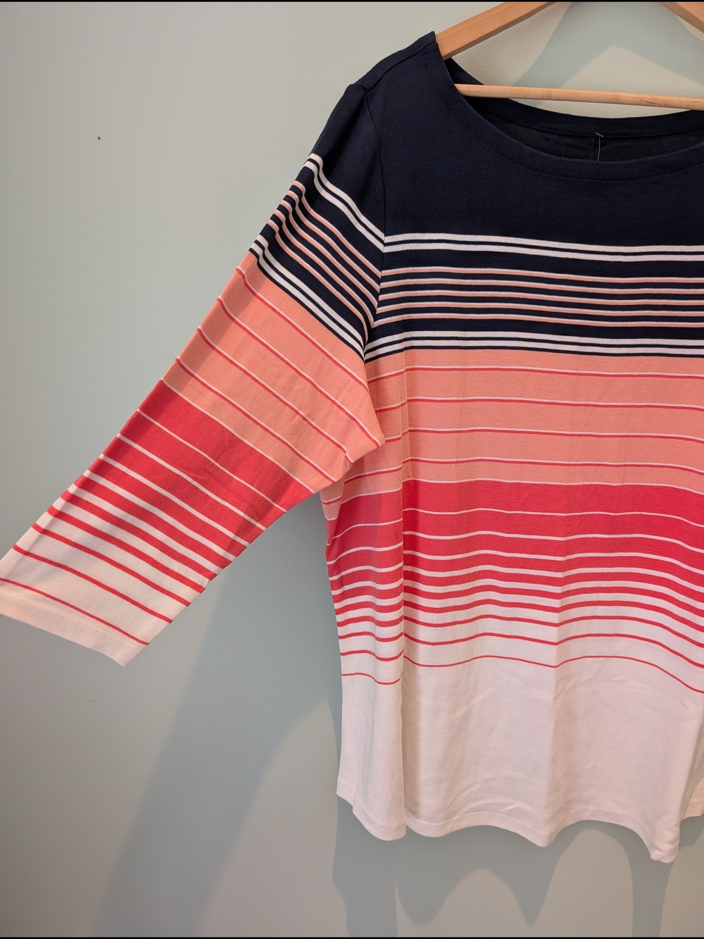 New! Striped Boatneck 3/4-Sleeve Top in Navy and Coral - Picture 2 of 4